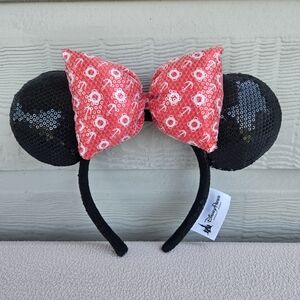 Disney Parks Cruise Line Minnie Mouse Ears Headband Red Bow Sequins Anchor OS
